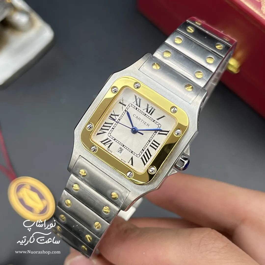 ساعت کارتیه سانتوس زنانه نقره‌ای طلایی فلزی متوسط Cartier Santos