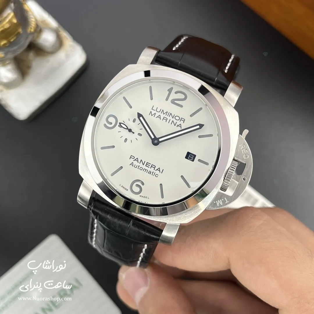 ساعت مچی مردانه پنرای لومینور مارینا نقره ای صفحه سفید بند چرمی Panerai Luminor Marina