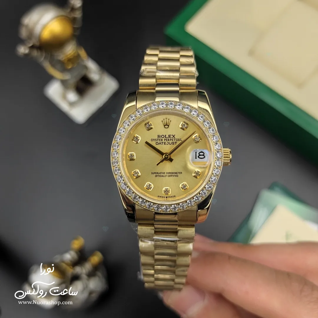 ساعت رولکس زنانه طلایی صفحه طلایی قاب نگین Rolex Datejust