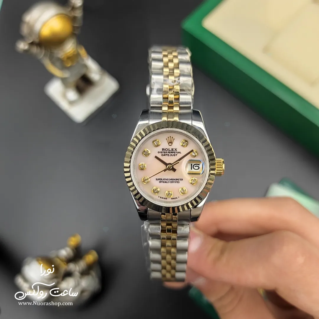 ساعت رولکس زنانه لیدی دیت جاست 28mm نقره ای طلایی بند جوبیلی صفحه صورتی Rolex Lady Datejust