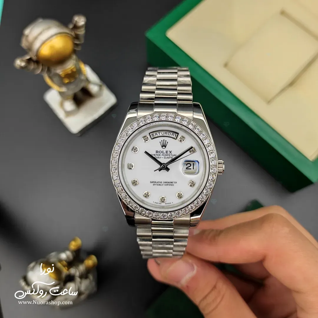 ساعت رولکس دی دیت قاب نگین نقره ای صفحه صدفی Rolex Day Date