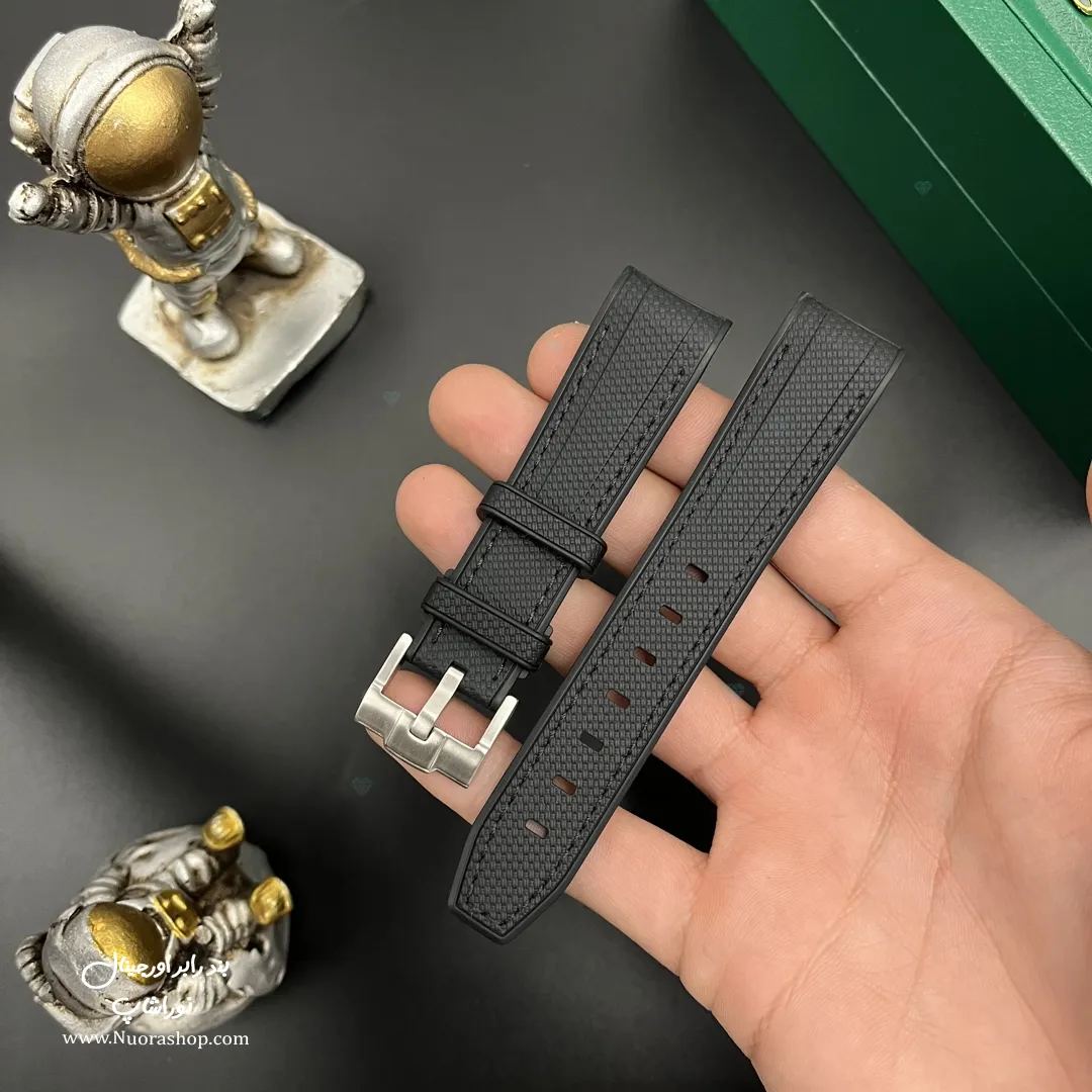 بند ساعت مچی رابر مشکی با قفل استیل مات Black Rubber Watch Strap 20mm