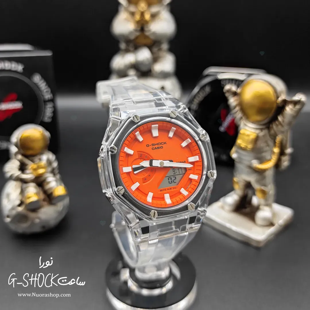 ساعت جی شاک 2100 AP بی رنگ صفحه نارنجی قفل کلیپسی