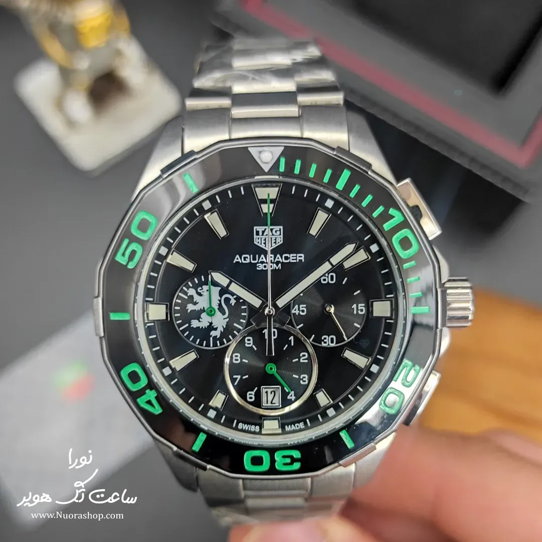 ساعت تگ هویر کررا کرونوگراف نقره‌ای مشکی قاب سبز tag heuer carrer chronograph black green