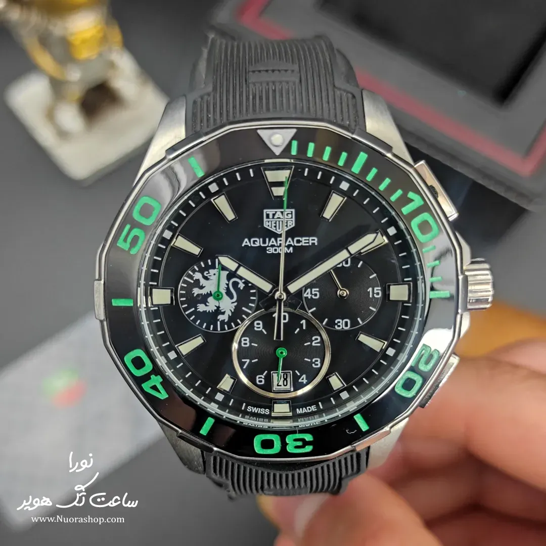 ساعت تگ هویر کررا کرونوگراف رابر مشکی قاب سبز tag heuer carrer chronograph rubber black green