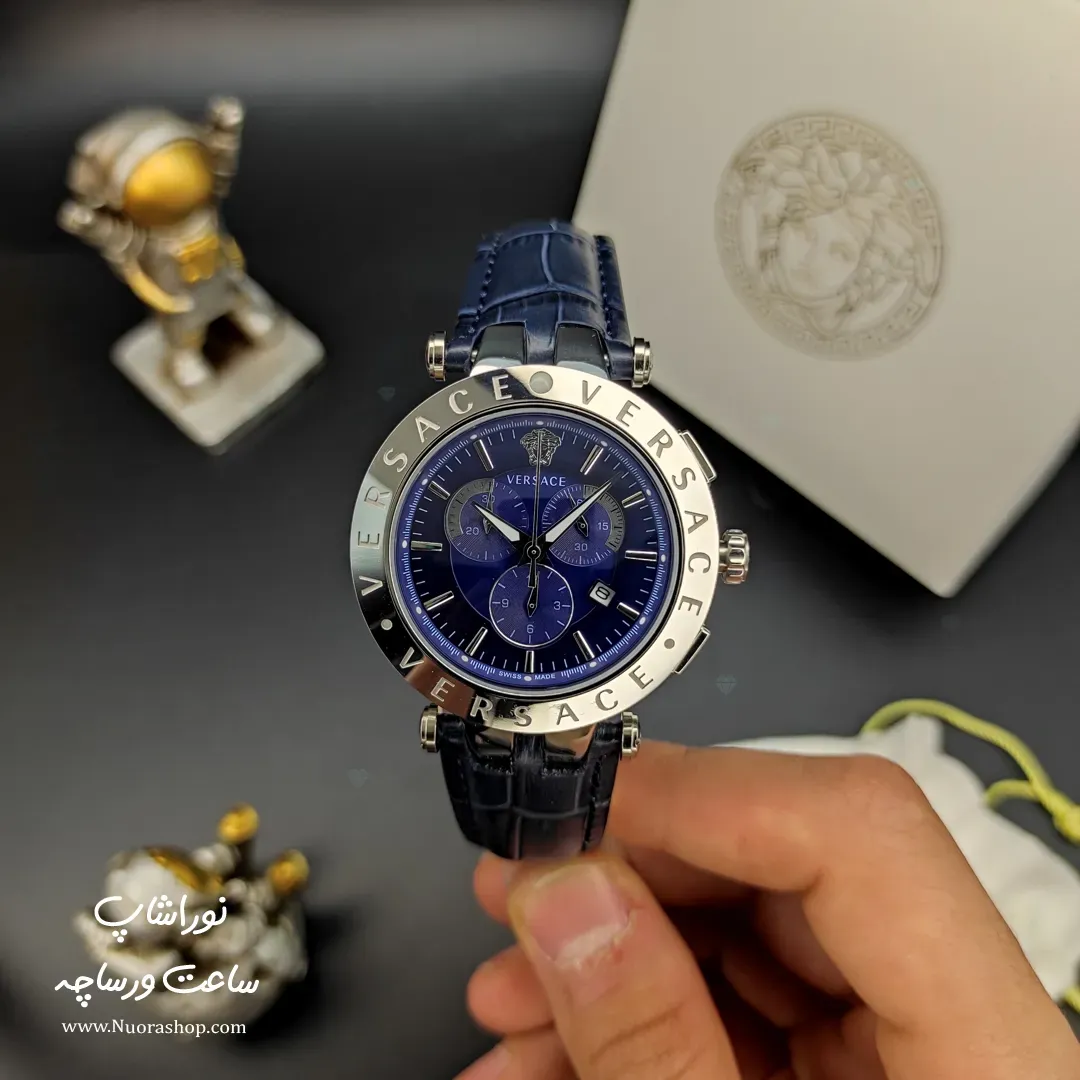 ساعت ورساچه کرنوگراف نقره ای آبی بند چرم versace v-race chronograph