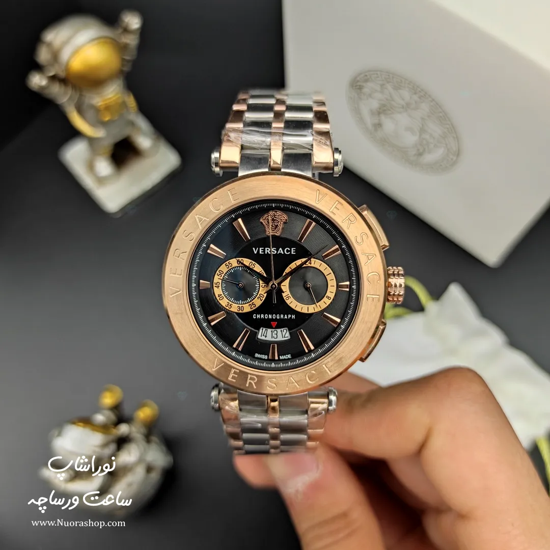 ساعت ورساچه کرنوگراف مردانه دو رنگ رزگلد صفحه مشکی Versace Aion